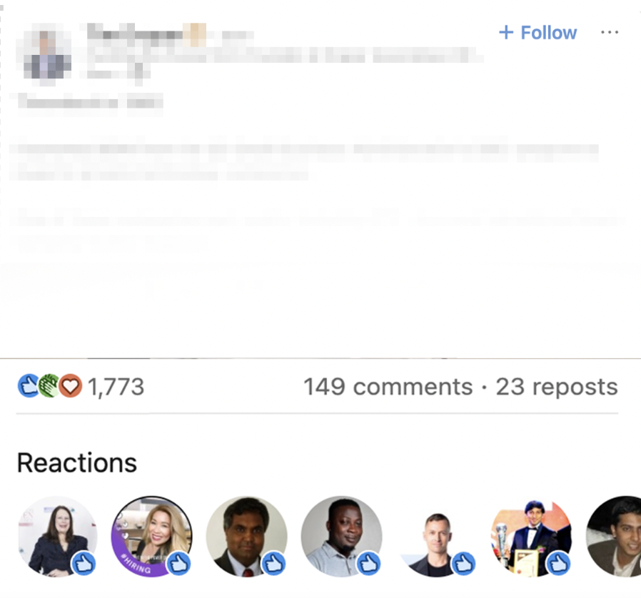 An anonymized LinkedIn post with 1,773 reactions, 149 comments, and 23 reposts