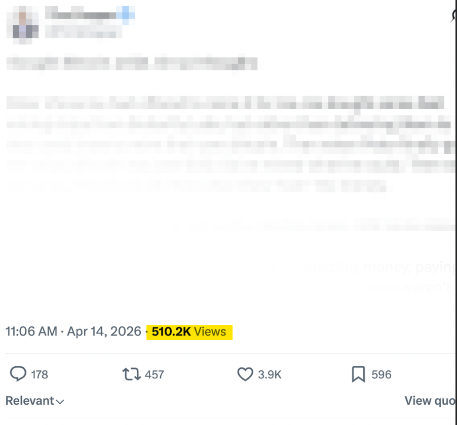 An anonymized social post with 510,200 views, 178 comments, 457 reposts, and 3,900 likes